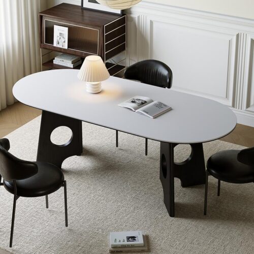 Sintered Stone Dining Table with Solid Wood Base Modern Oval Dining Table for Home Dining Room - Dining table - QONKA HOME