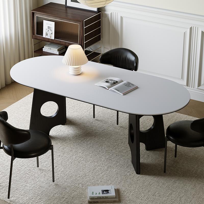 Sintered Stone Dining Table with Solid Wood Base Modern Oval Dining Table for Home Dining Room