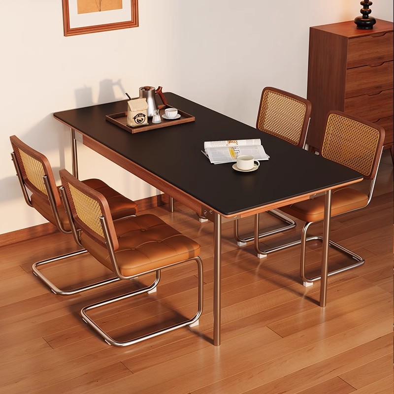 Rectangular Dining Table, Sintered Stone Top with Solid Wood Full‑Support Base & Stainless Steel Legs for Dining Ro...