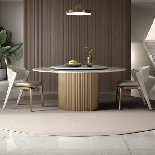 Round Dining Table with Natural Luxury Marble Top & Brushed Stainless Steel Base, Rotating Lazy Susan Included for Di...