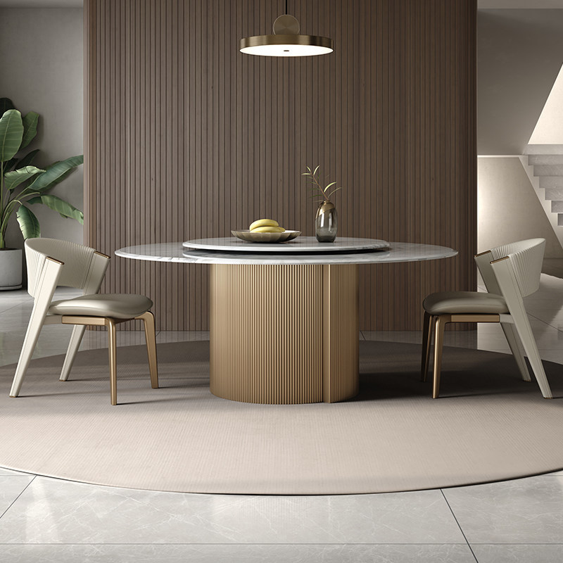 Round Dining Table with Natural Luxury Marble Top & Brushed Stainless Steel Base, Rotating Lazy Susan Included for Dining Room