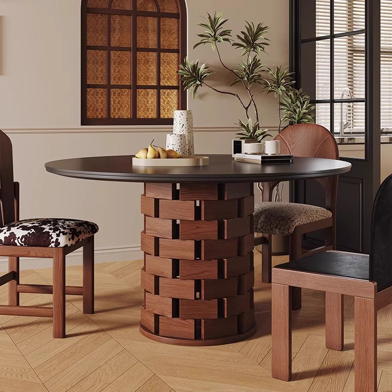 Round Dining Table with Sintered Stone Top & Ash Wood Base, Woven Block Pedestal Dinner Table for Dining Room - Dinin...