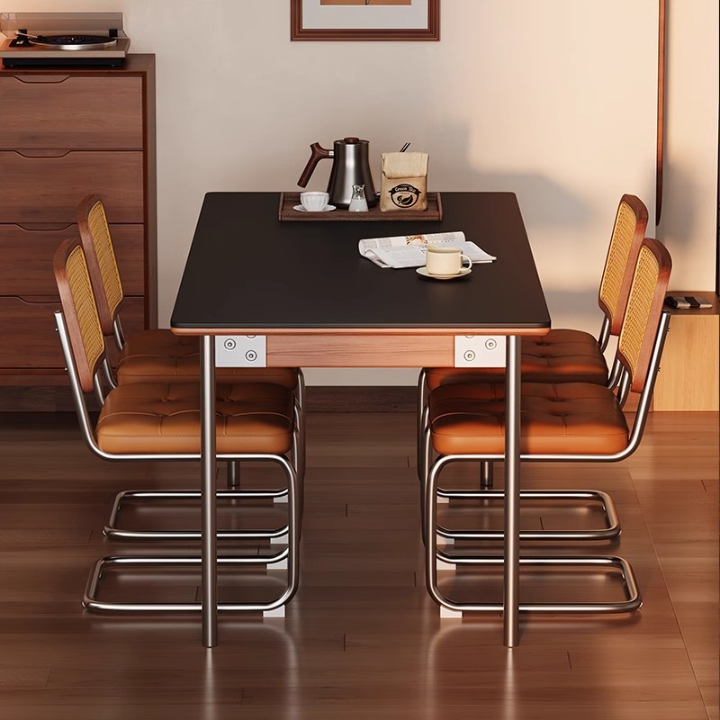 Rectangular Dining Table, Sintered Stone Top with Solid Wood Full‑Support Base & Stainless Steel Legs for Dining Room