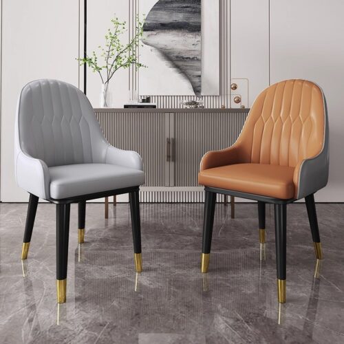 Italian Style Light Luxury Dining Chair, Leather Upholstered BackrestChair With Metal Frame And Gold Ferrules, Home Dining...