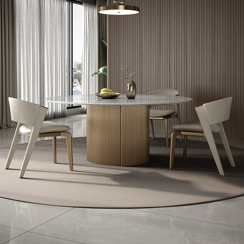 Round Dining Table with Natural Luxury Marble Top & Brushed Stainless Steel Base, Rotating Lazy Susan Included for Dining Room