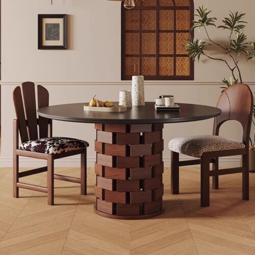 Round Dining Table with Sintered Stone Top & Ash Wood Base, Woven Block Pedestal Dinner Table for Dining Room - Dinin...