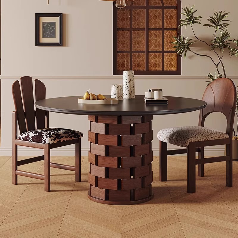 Round Dining Table with Sintered Stone Top & Ash Wood Base, Woven Block Pedestal Dinner Table for Dining Room