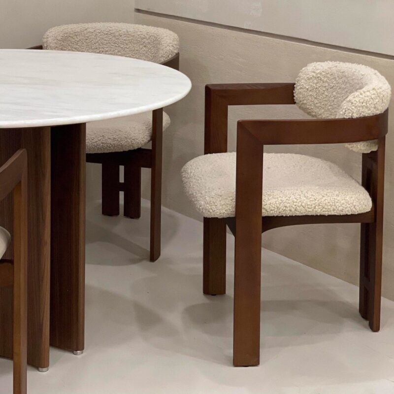 Modern Solid Dark Wood Dining Arm Chair, Cream Boucle Teddy Fabric Upholstered Dining Chair For Home Hotel Restaurant
