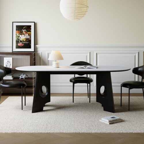 Sintered Stone Dining Table with Solid Wood Base Modern Oval Dining Table for Home Dining Room - Dining table - QONKA HOME