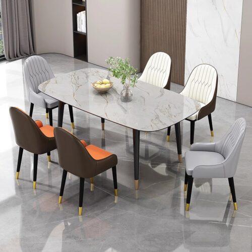 Italian Style Light Luxury Dining Chair, Leather Upholstered BackrestChair With Metal Frame And Gold Ferrules, Home Dining...