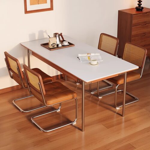 Rectangular Dining Table, Sintered Stone Top with Solid Wood Full‑Support Base & Stainless Steel Legs for Dining Ro...