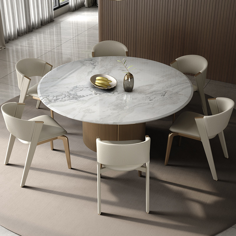 Round Dining Table with Natural Luxury Marble Top & Brushed Stainless Steel Base, Rotating Lazy Susan Included for Dining Room