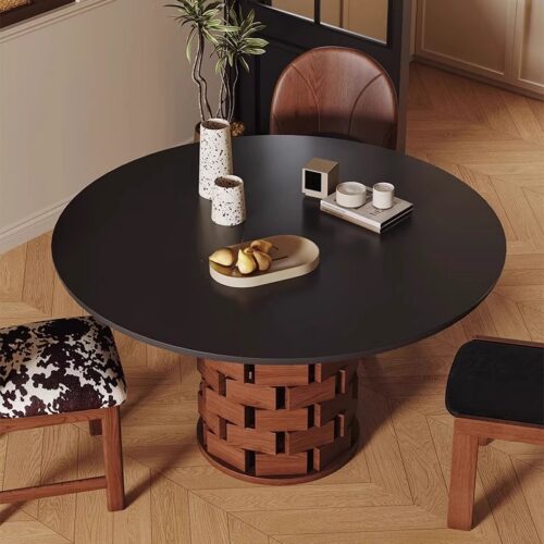 Round Dining Table with Sintered Stone Top & Ash Wood Base, Woven Block Pedestal Dinner Table for Dining Room - Dinin...