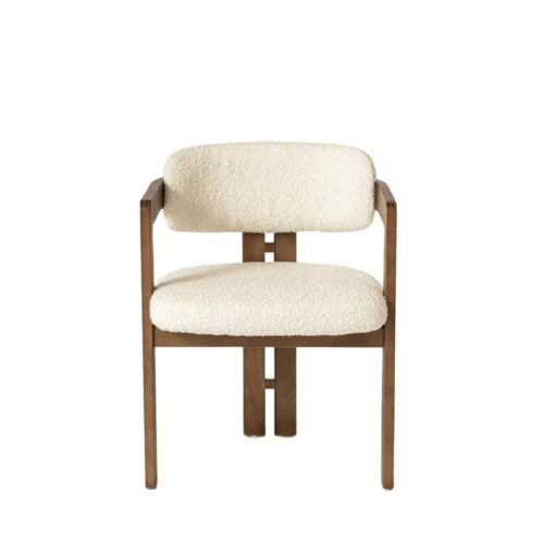 Modern Solid Dark Wood Dining Arm Chair, Cream Boucle Teddy Fabric Upholstered Dining Chair For Home Hotel Restaurant - So...