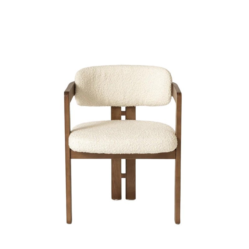 Modern Solid Dark Wood Dining Arm Chair, Cream Boucle Teddy Fabric Upholstered Dining Chair For Home Hotel Restaurant
