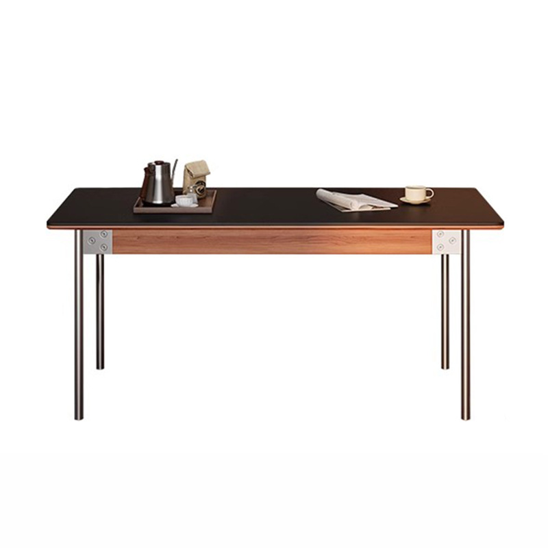 Rectangular Dining Table, Sintered Stone Top with Solid Wood Full‑Support Base & Stainless Steel Legs for Dining Room