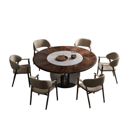 Round Dining Table with Natural Luxury Marble Top & Brushed Stainless Steel Base, Rotating Lazy Susan Included for Di...