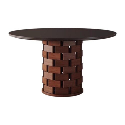 Round Dining Table with Sintered Stone Top & Ash Wood Base, Woven Block Pedestal Dinner Table for Dining Room - Dinin...