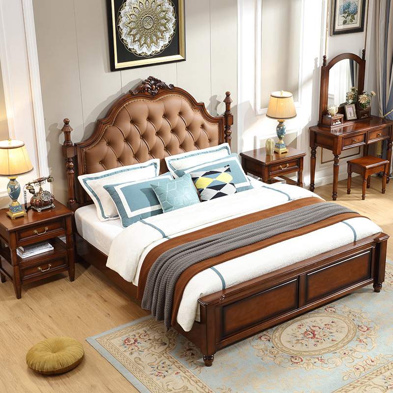 Hand Carved Solid Wood Upholstered Bed - Bedroom furniture - QONKA HOME
