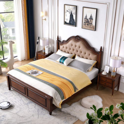 Carved Arched Tufted Solid Wood Bed - Bedroom furniture - QONKA HOME