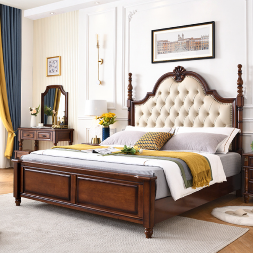 Shell Carved Four Poster Tufted Solid Wood Bed - Bedroom furniture - QONKA HOME