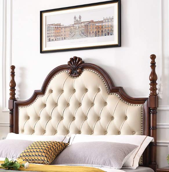 Shell Carved Four Poster Tufted Solid Wood Bed
