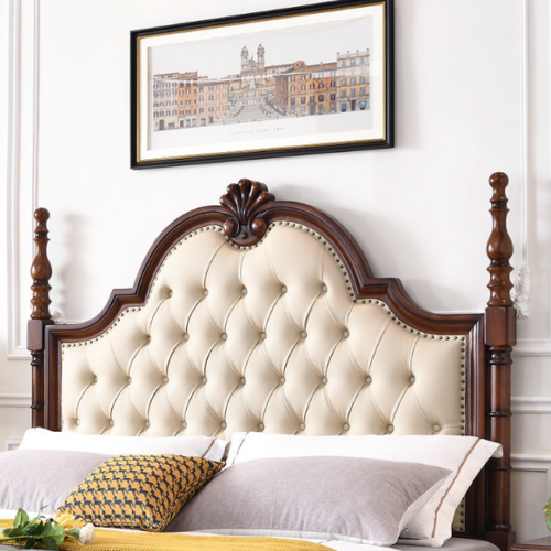 Shell Carved Four Poster Tufted Solid Wood Bed - Bedroom furniture - QONKA HOME