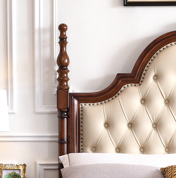 Shell Carved Four Poster Tufted Solid Wood Bed
