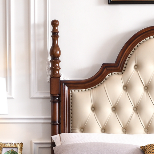 Shell Carved Four Poster Tufted Solid Wood Bed - Bedroom furniture - QONKA HOME