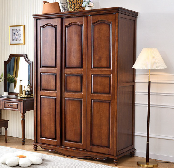 3 Door Curved Panel Solid Wood Wardrobe - Bedroom furniture - QONKA HOME