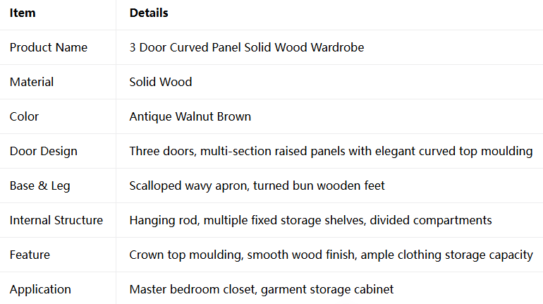 3 Door Curved Panel Solid Wood Wardrobe