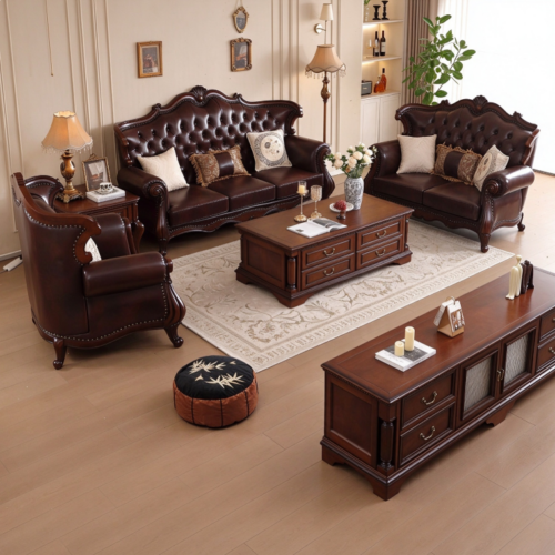 Vintage Genuine Leather Sofa Suite - Living room furniture - QONKA HOME