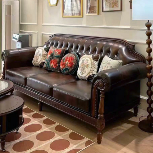 Luxury Solid Wood Carved Genuine Leather Sofa Set - Living room furniture - QONKA HOME