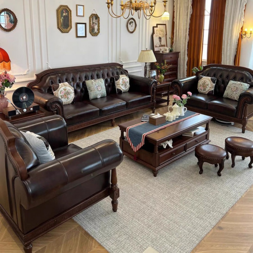 Luxury Solid Wood Carved Genuine Leather Sofa Set - Living room furniture - QONKA HOME