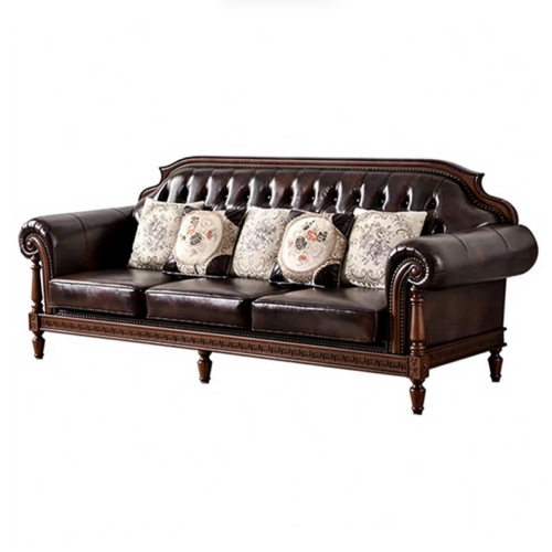 Luxury Solid Wood Carved Genuine Leather Sofa Set - Living room furniture - QONKA HOME