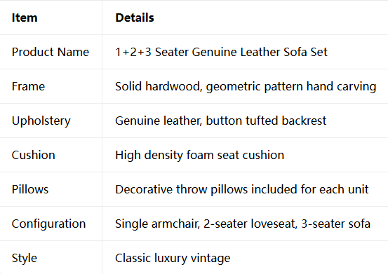 Luxury Solid Wood Carved Genuine Leather Sofa Set