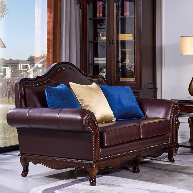 American Solid Wood Leather Sofa Set - Living room furniture - QONKA HOME