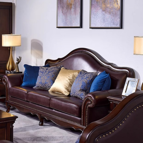 American Solid Wood Leather Sofa Set - Living room furniture - QONKA HOME