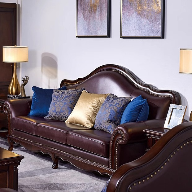 American Solid Wood Leather Sofa Set