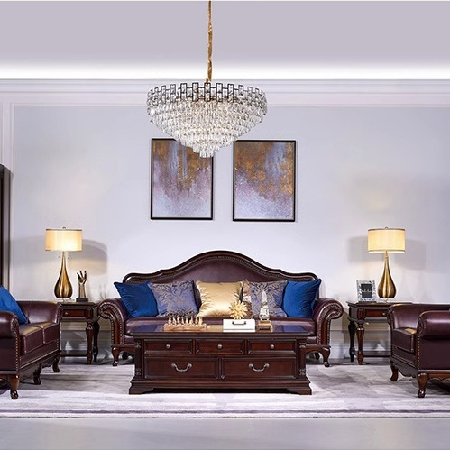 American Solid Wood Leather Sofa Set - Living room furniture - QONKA HOME
