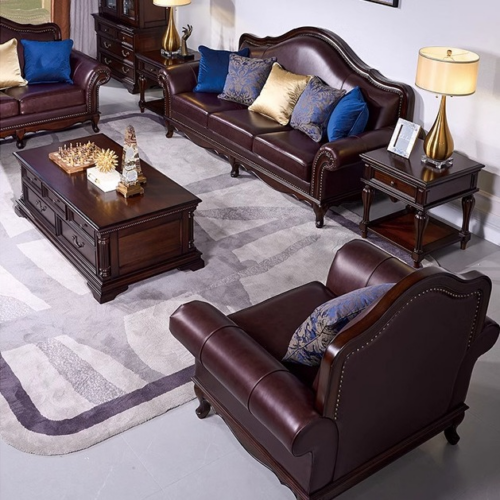 American Solid Wood Leather Sofa Set - Living room furniture - QONKA HOME