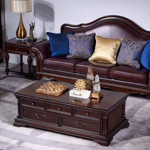 American Solid Wood Leather Sofa Set - Living room furniture - QONKA HOME