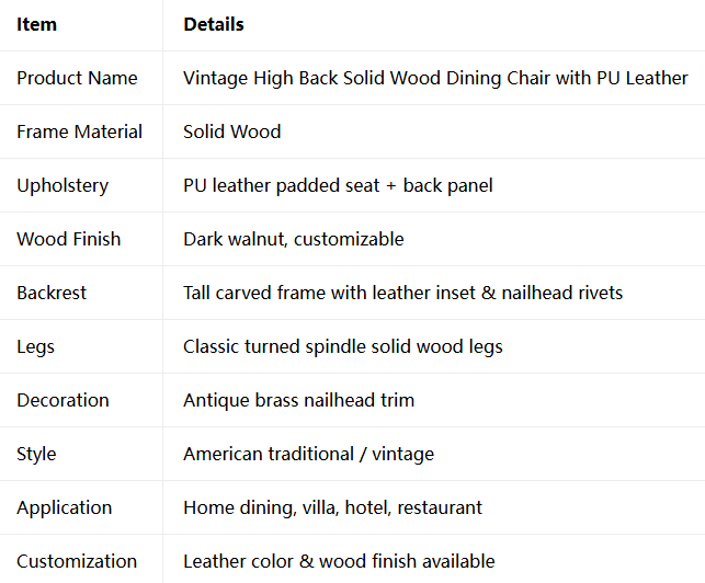 Vintage High Back Solid Wood Dining Chair with PU Leather