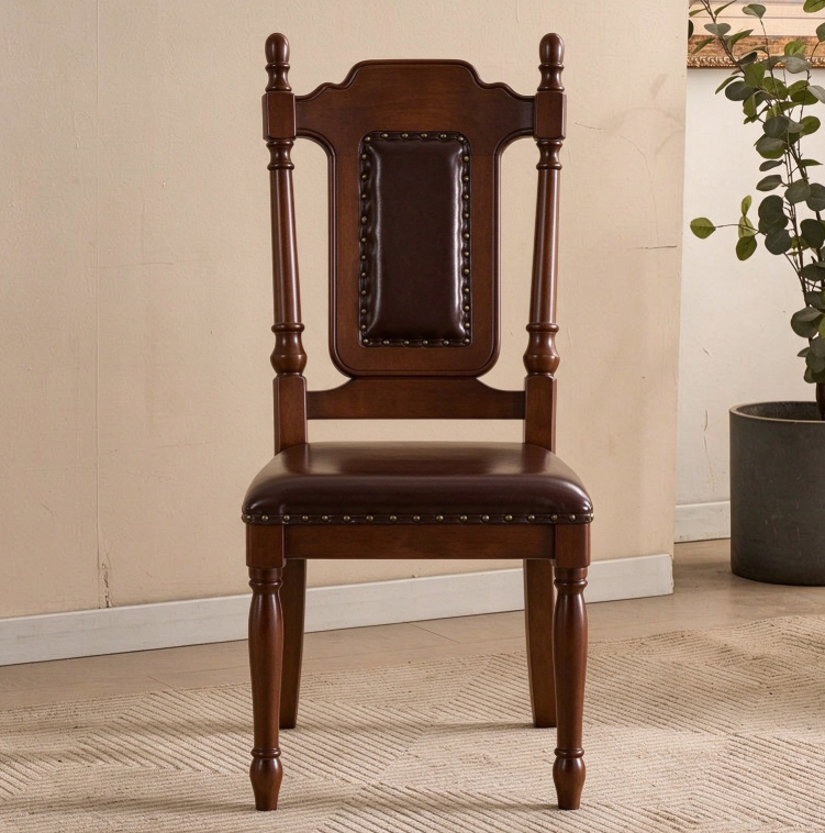 Vintage High Back Solid Wood Dining Chair with PU Leather