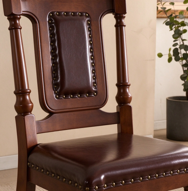 Vintage High Back Solid Wood Dining Chair with PU Leather