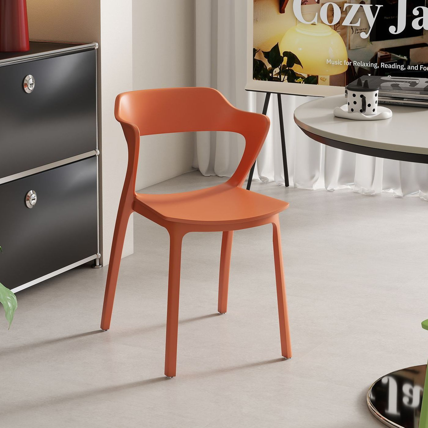Integrated Molding Plastic Dining Chair Vertical Hollow Cutout Backrest Stackable Outdoor Side Chair for Patio Cafe Home