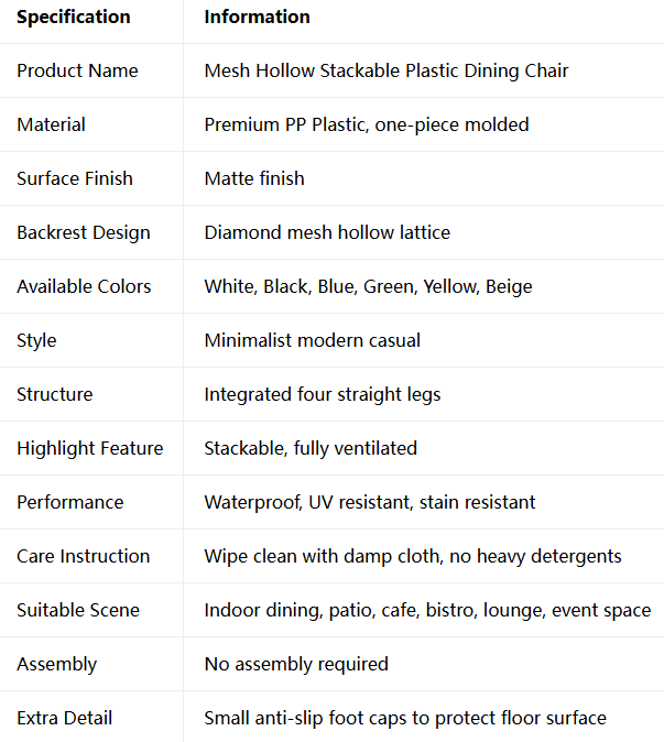 Mesh Hollow Stackable Plastic Dining Chair