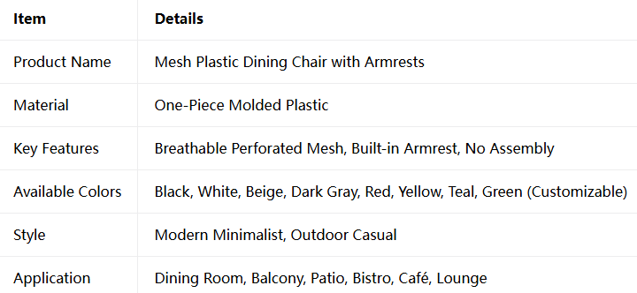 Mesh Plastic Dining Chair with Armrests