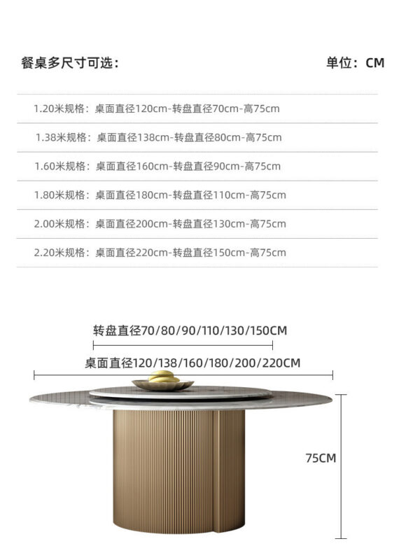 Round Dining Table with Natural Luxury Marble Top & Brushed Stainless Steel Base, Rotating Lazy Susan Included for Dining Room