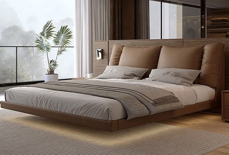 Minimalist solid wood upholstered platform bed in modern bedroom from QONKA HOME